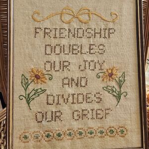 Vintage 60's 70's Embroidered Friendship Quote Framed Wall Art